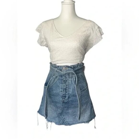 FREE PEOPLE - East Of Eden Denim Mini Blue Washed Skirt Sz 24 - Picture 7 of 7